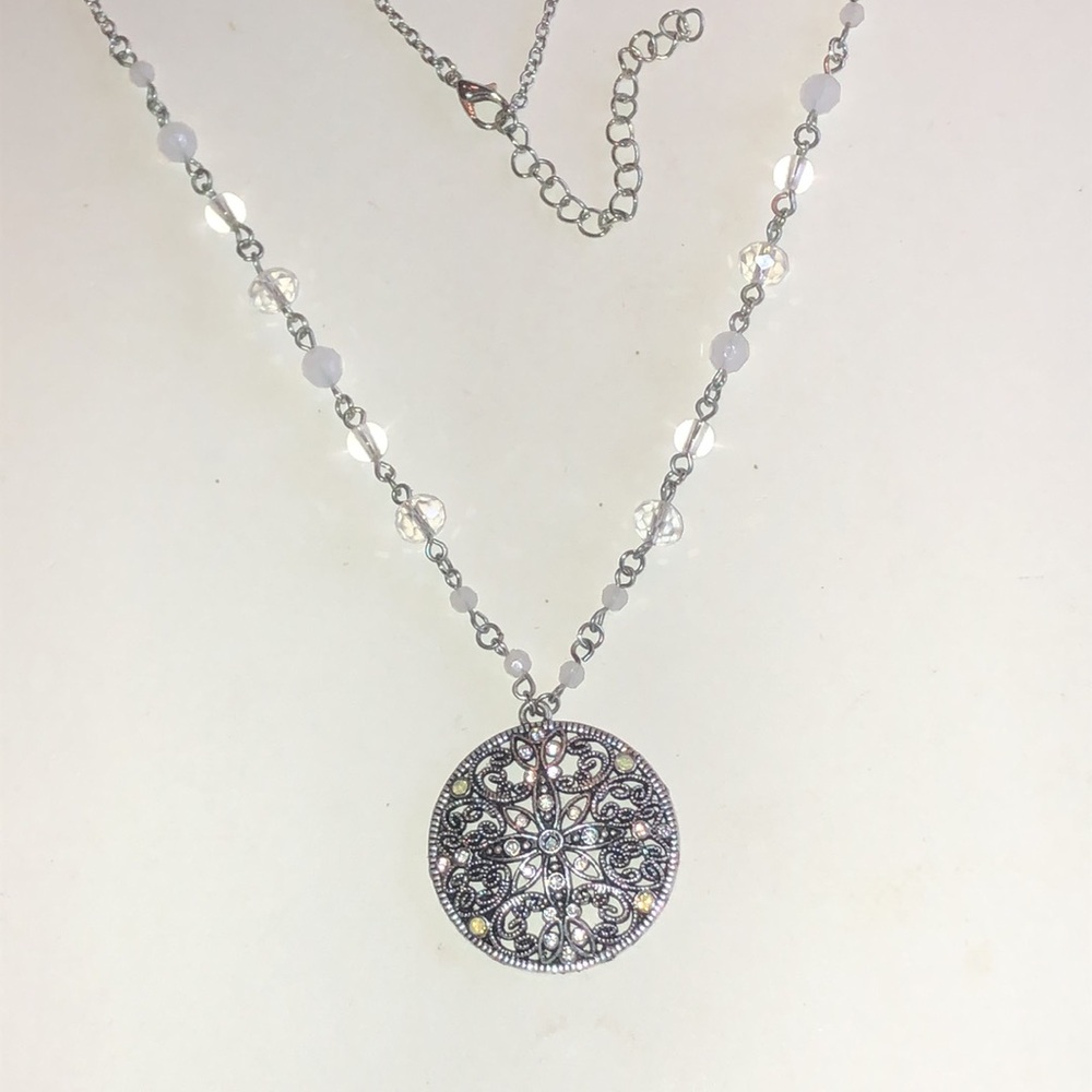 Silver Tone Filigree Pendant Beaded Boho Necklace